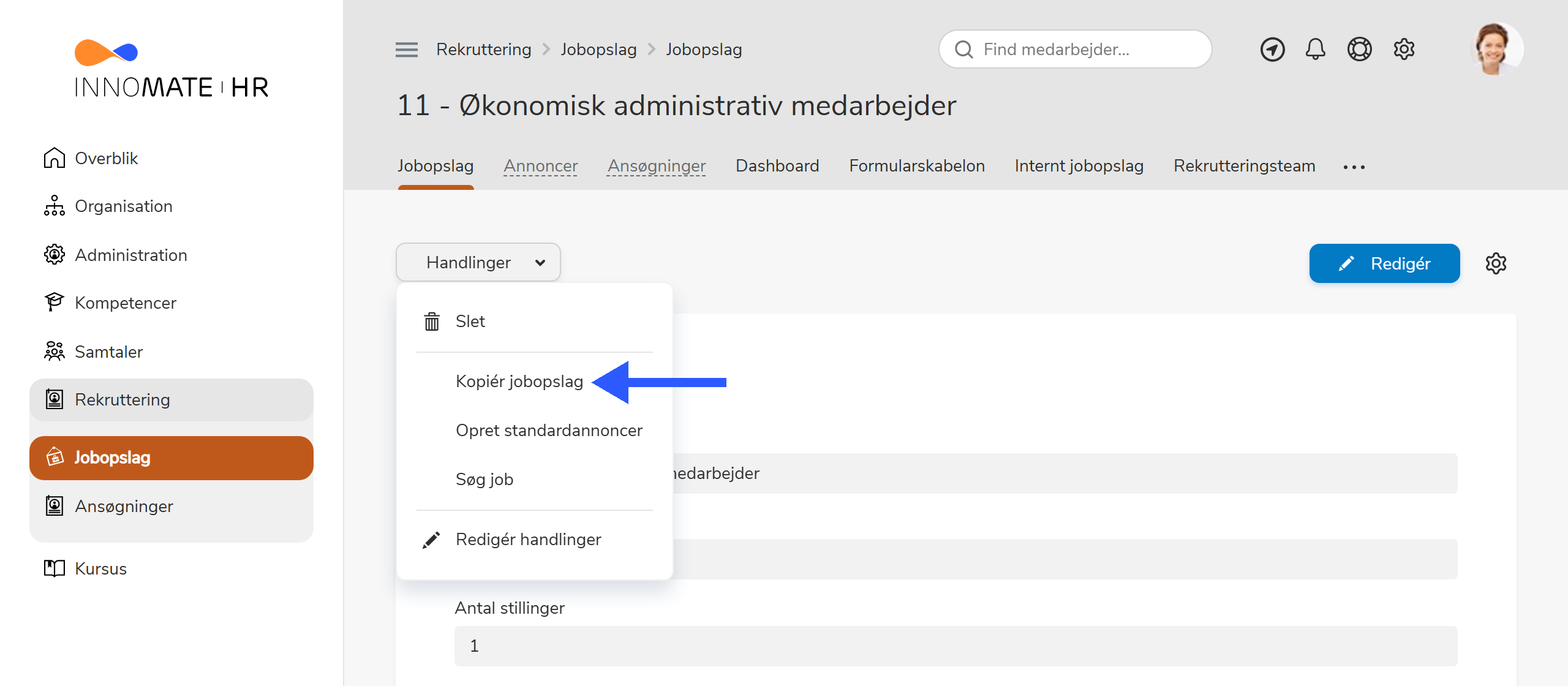 Kopiér jobopslag via handlingsmenuen