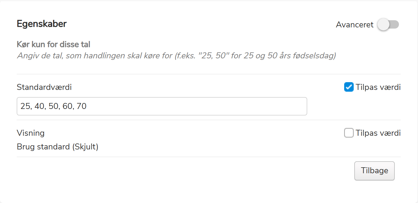 Egenskaber-panel med standardværdi 25, 40, 50, 60, 70 indtastet