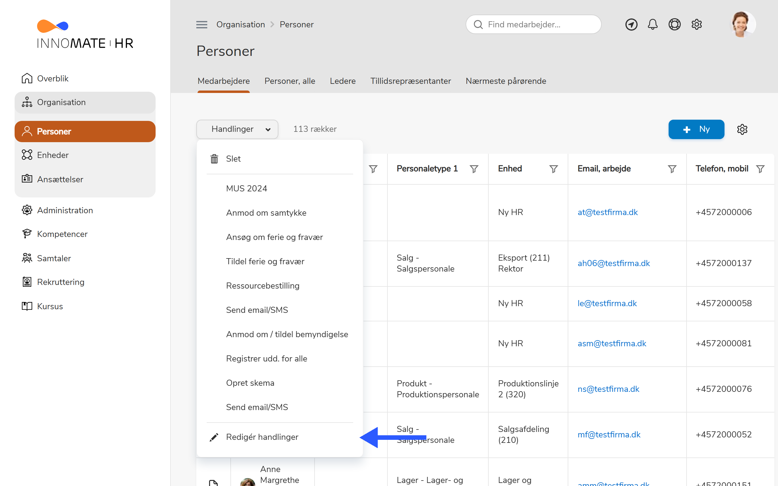 Person-listens Handlinger-dropdown med Redigér handlinger markeret