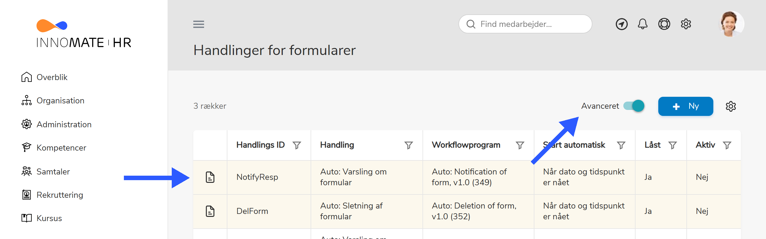 Handlinger for formularer med Avanceret slået til, viser Auto: Varsling om formular