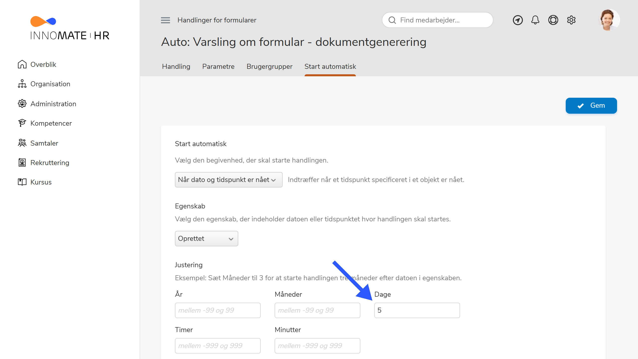 Start automatisk-fanen med Dage-feltet til justering af varslingstidspunkt
