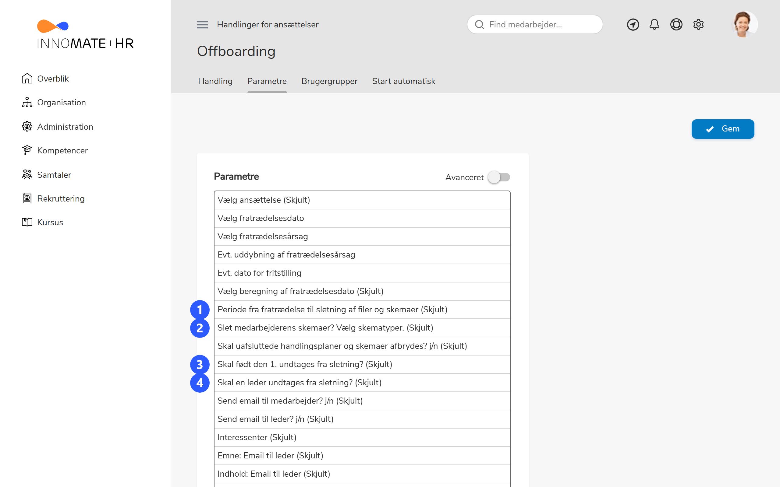 Offboarding parametre med fire nummererede indstillinger