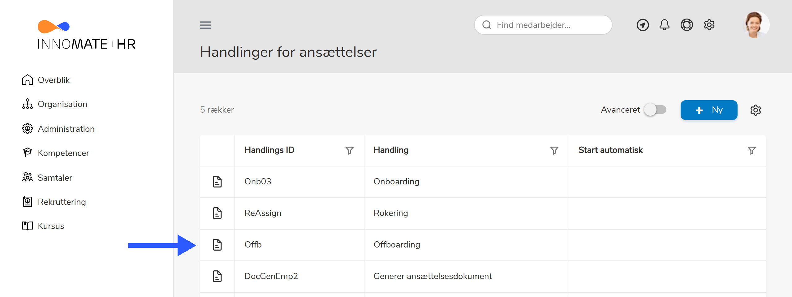 Redigér handlinger med Offboarding-rækken markeret