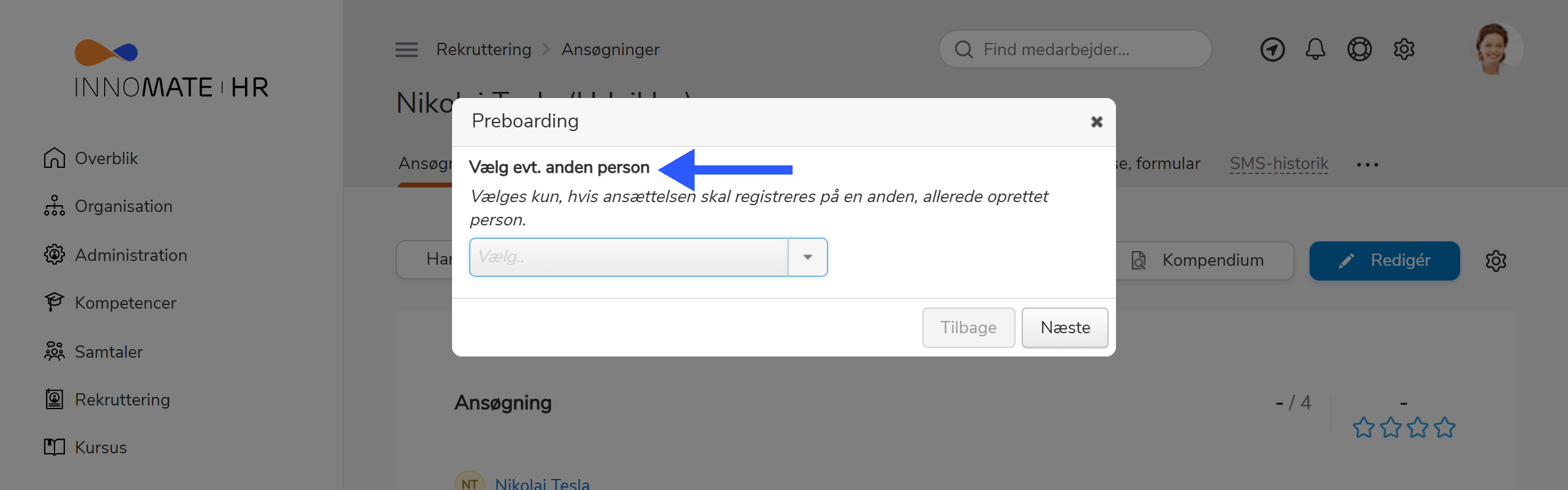 Valg af anden person i Preboarding-handlingen