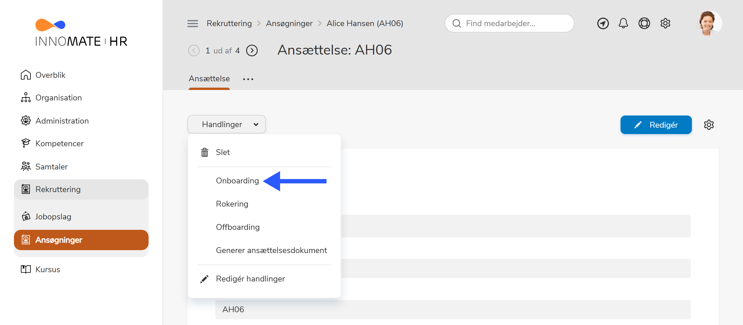 Handlingen Onboarding fra en ansættelse
