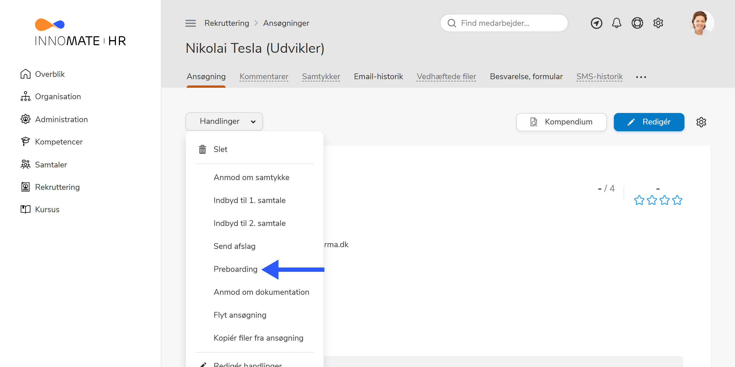Handlingen Preboarding fra en ansøgning