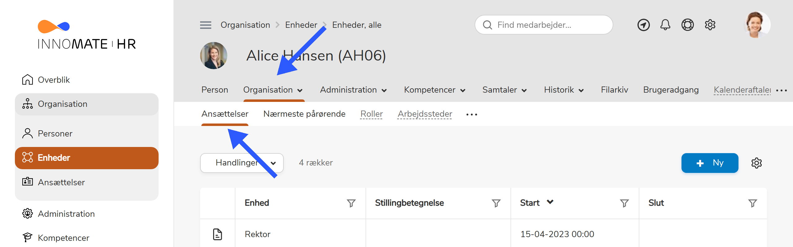 Medarbejderens ansættelsesoversigt under Organisation-tabben