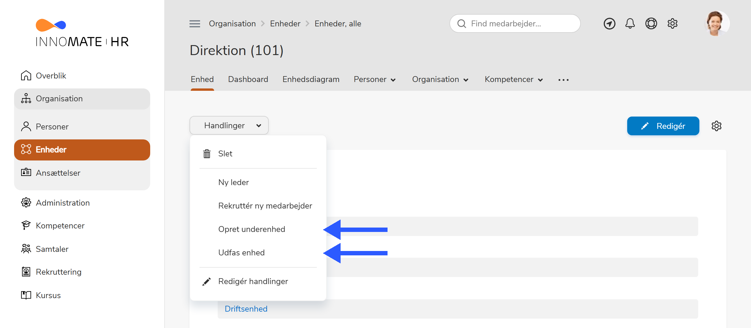 Handlingsmenu på en enhed med Opret underenhed og Udfas enhed