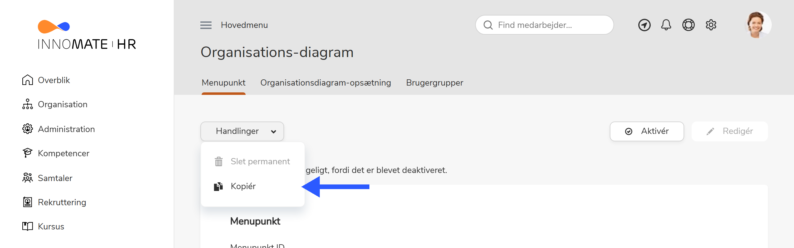 Handlinger-menu med pil mod Kopiér