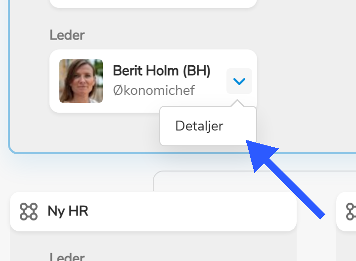 Flere muligheder-menu for en medarbejder med link til Detaljer
