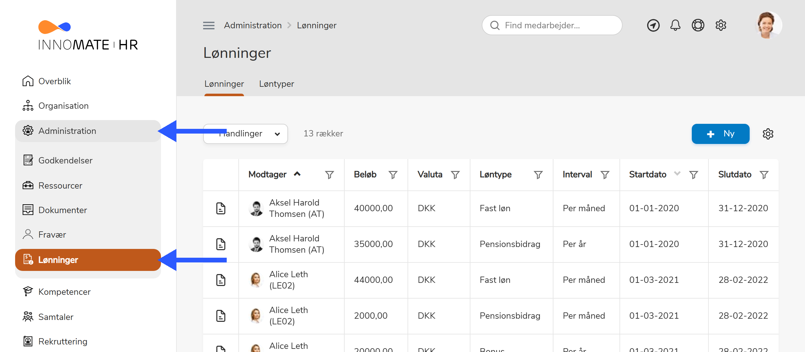 Lønninger-listen med modtager, beløb, valuta, løntype, interval og periode