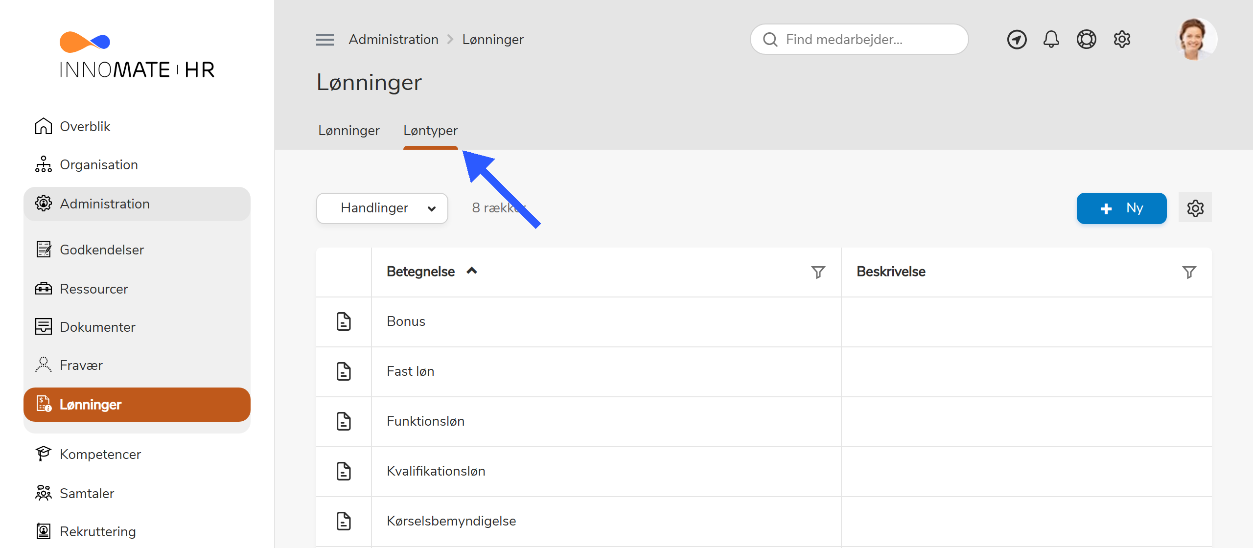 Løntyper-listen med betegnelser som Bonus, Fast løn og Funktionsløn