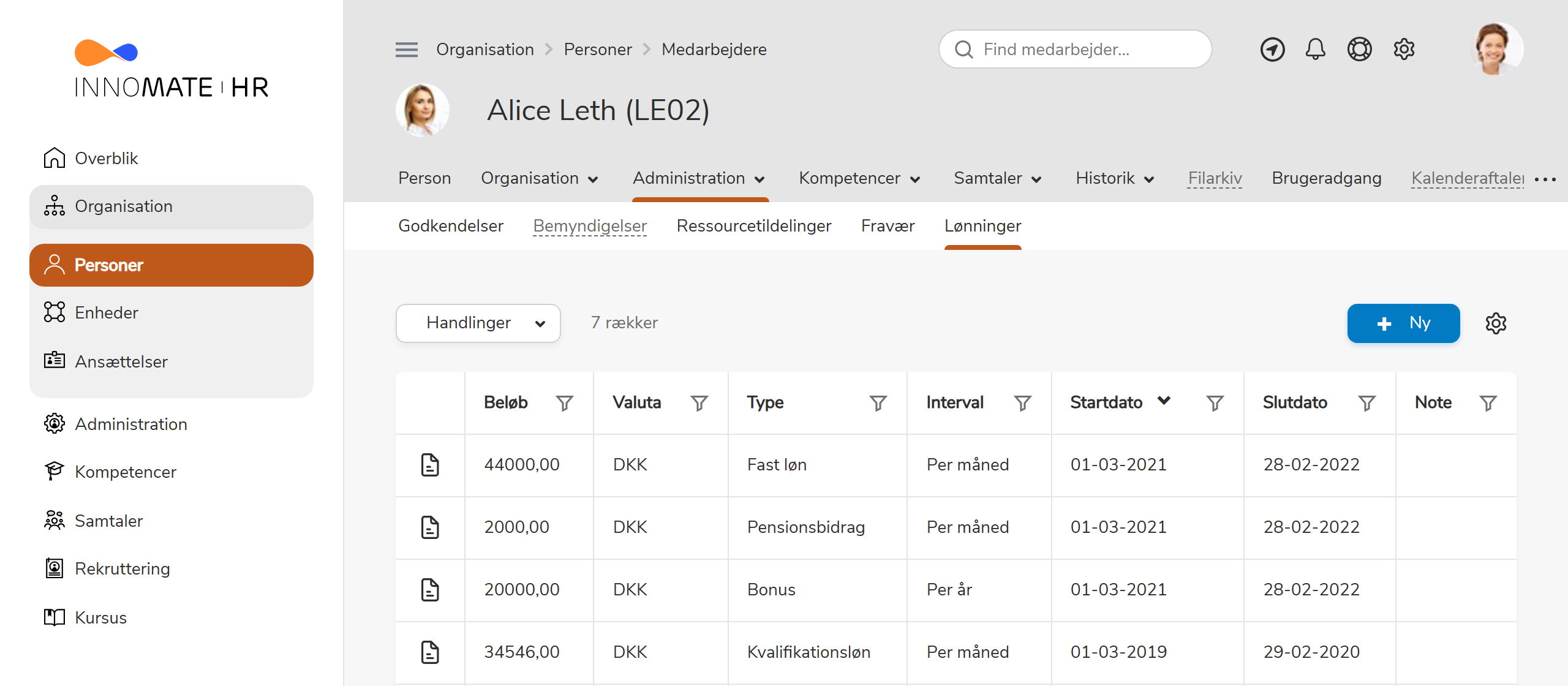 Alice Leths lønninger-fane med beløb, valuta, type, interval og periode