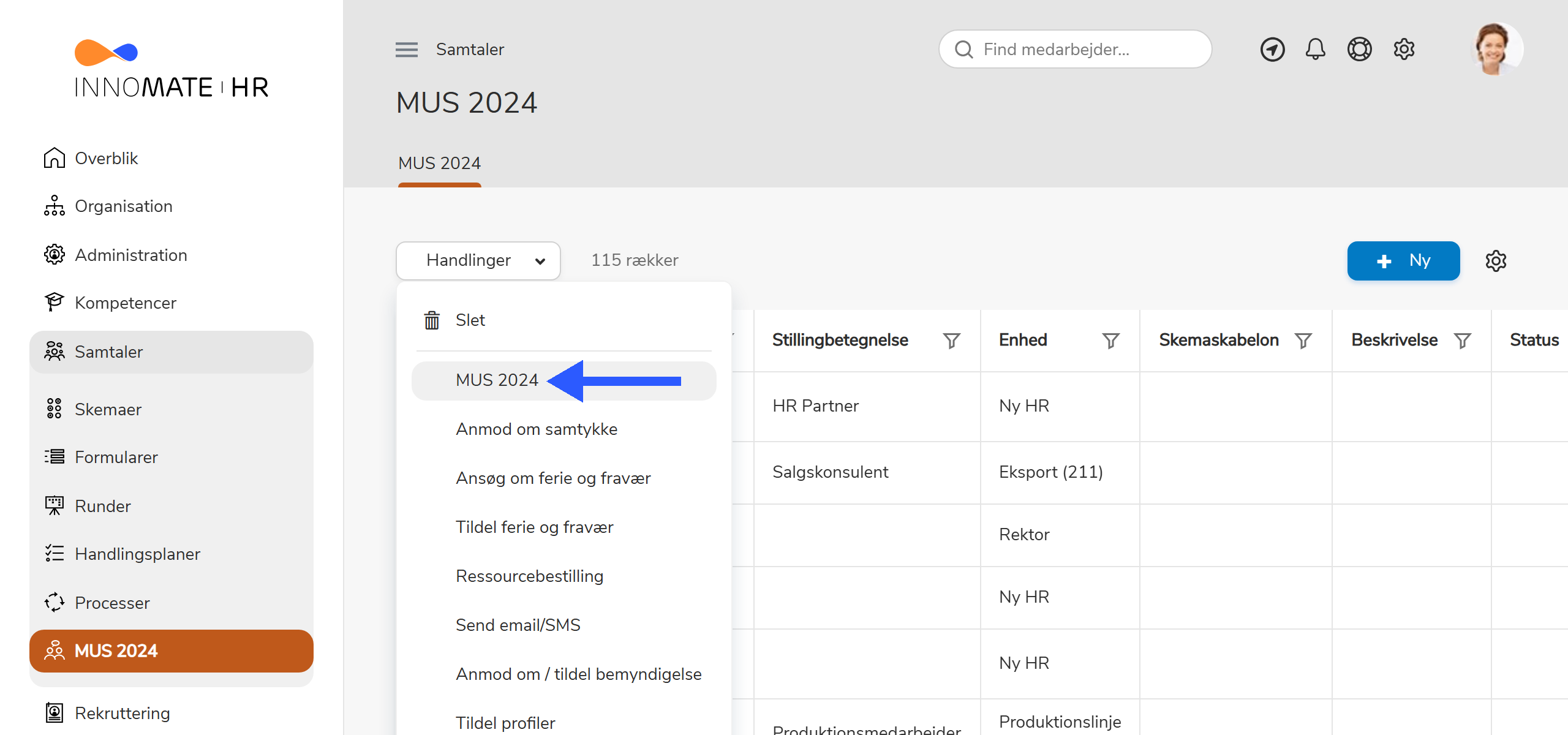 Handlinger-menu med MUS 2024 valgt