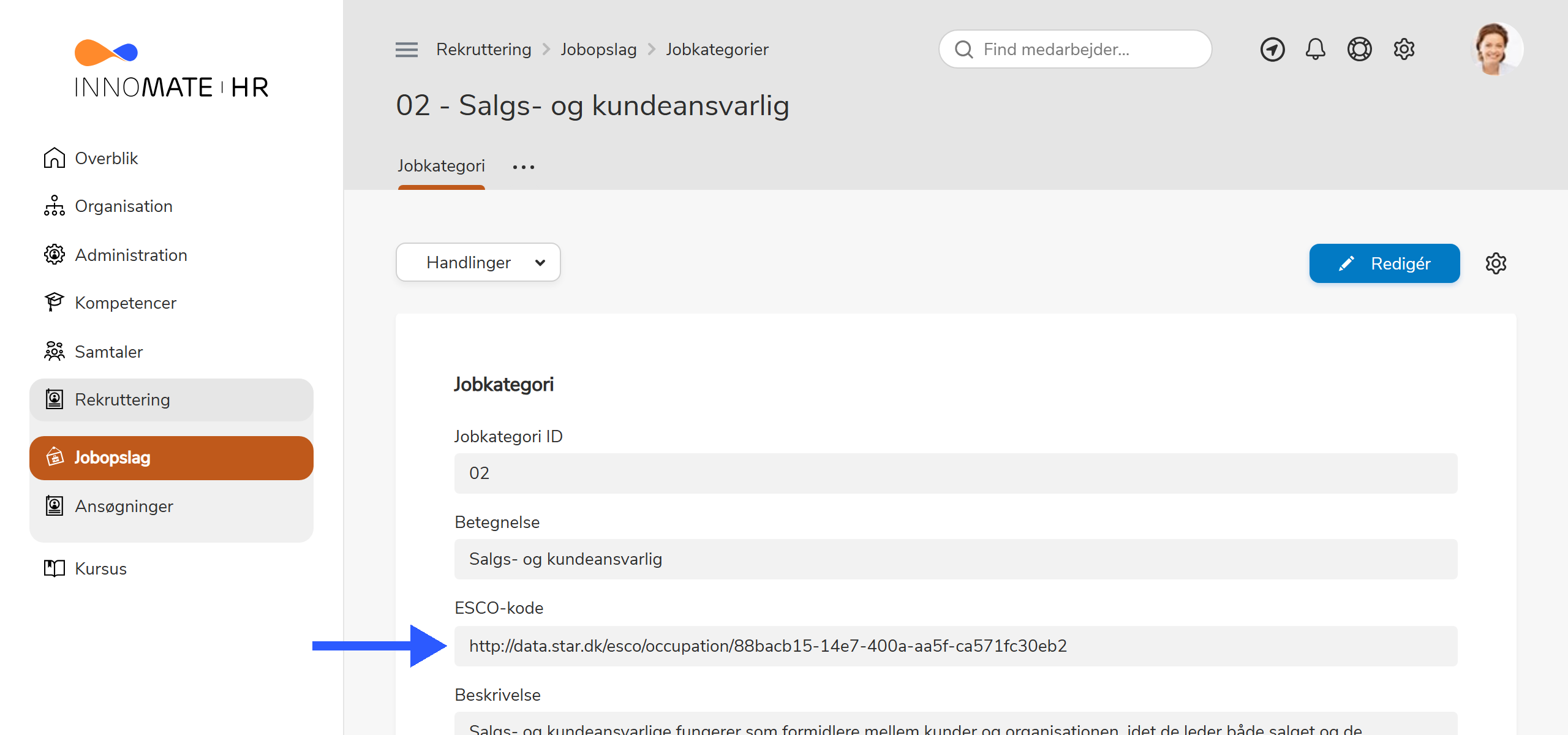 ESCO-kode-felt på en jobkategori