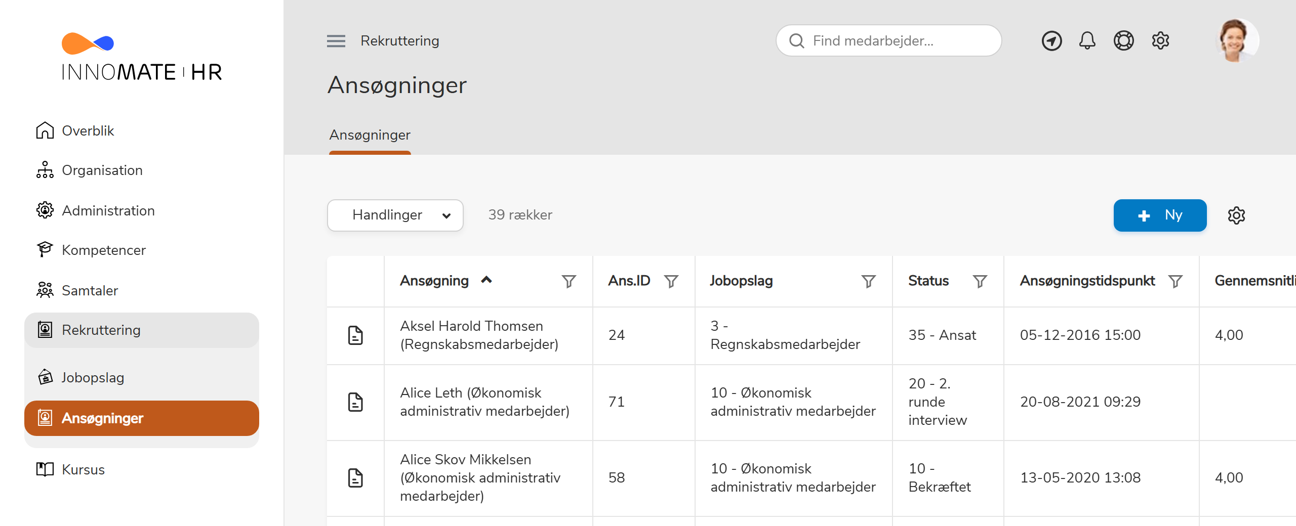 Ansøgningsliste med handlinger