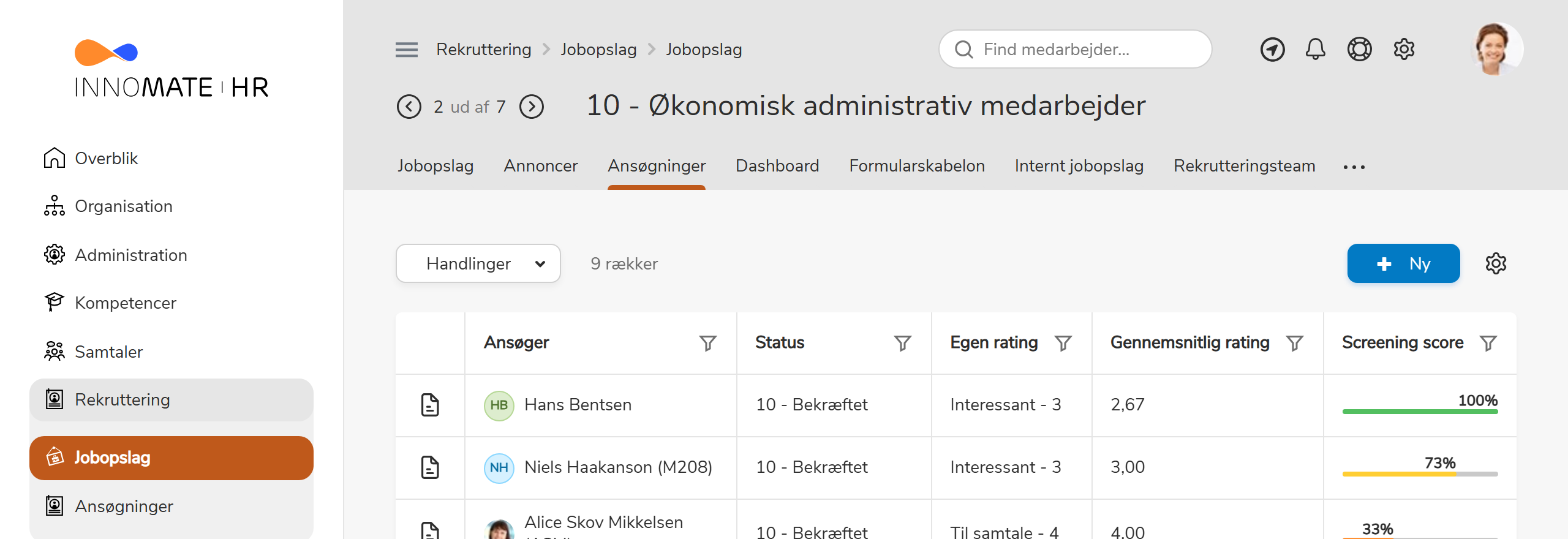 Ansøgningsoversigt med ratings
