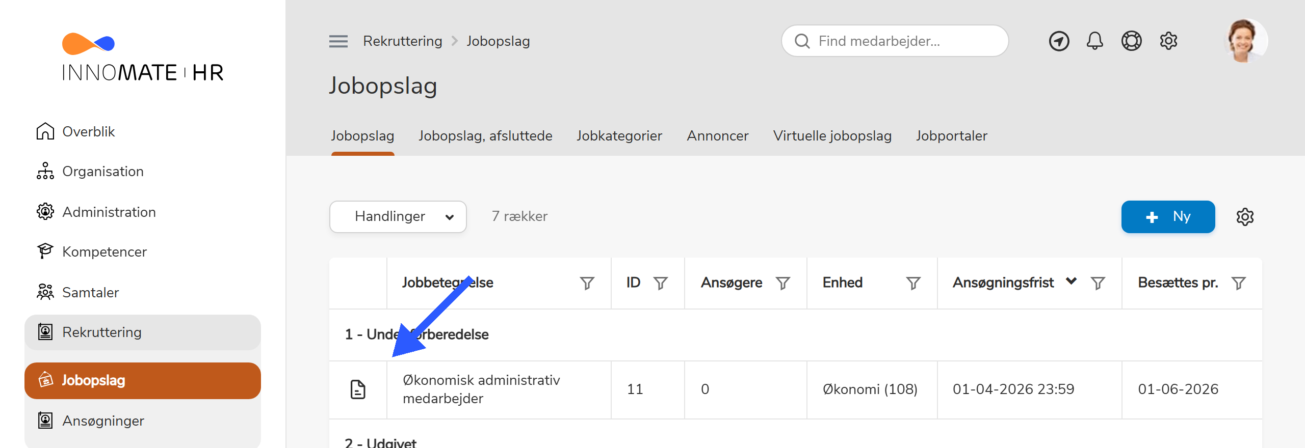 Hovedmenu med Rekruttering og Jobopslag