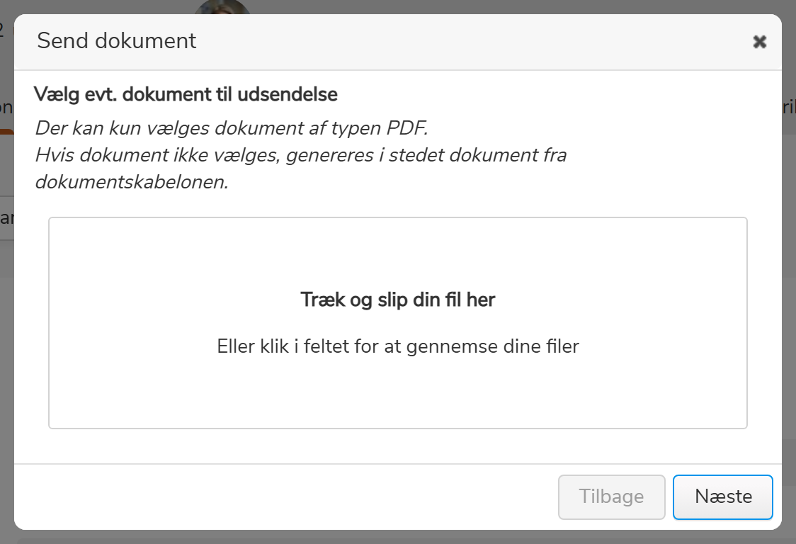 Dialogen Send dokument med fil-upload og parameterfelter