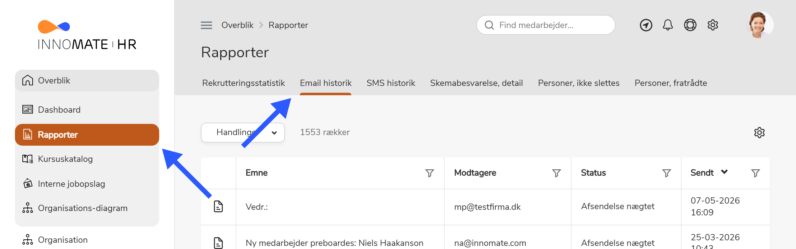Rapporter-siden med Email historik-fanen valgt