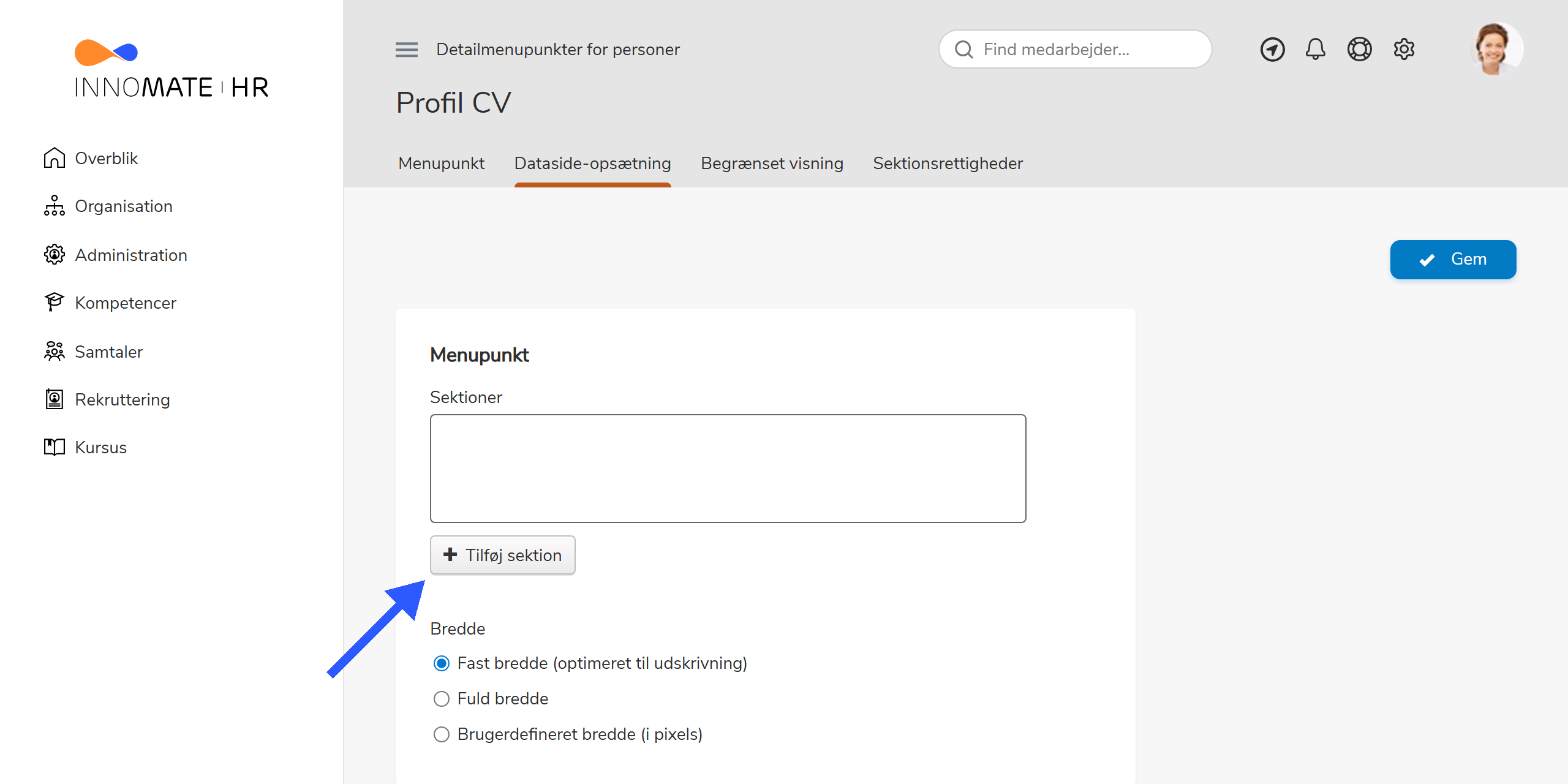 Dataside-opsætning valgt i venstre menu — tom sektionsliste og + Tilføj sektion-knap fremhævet