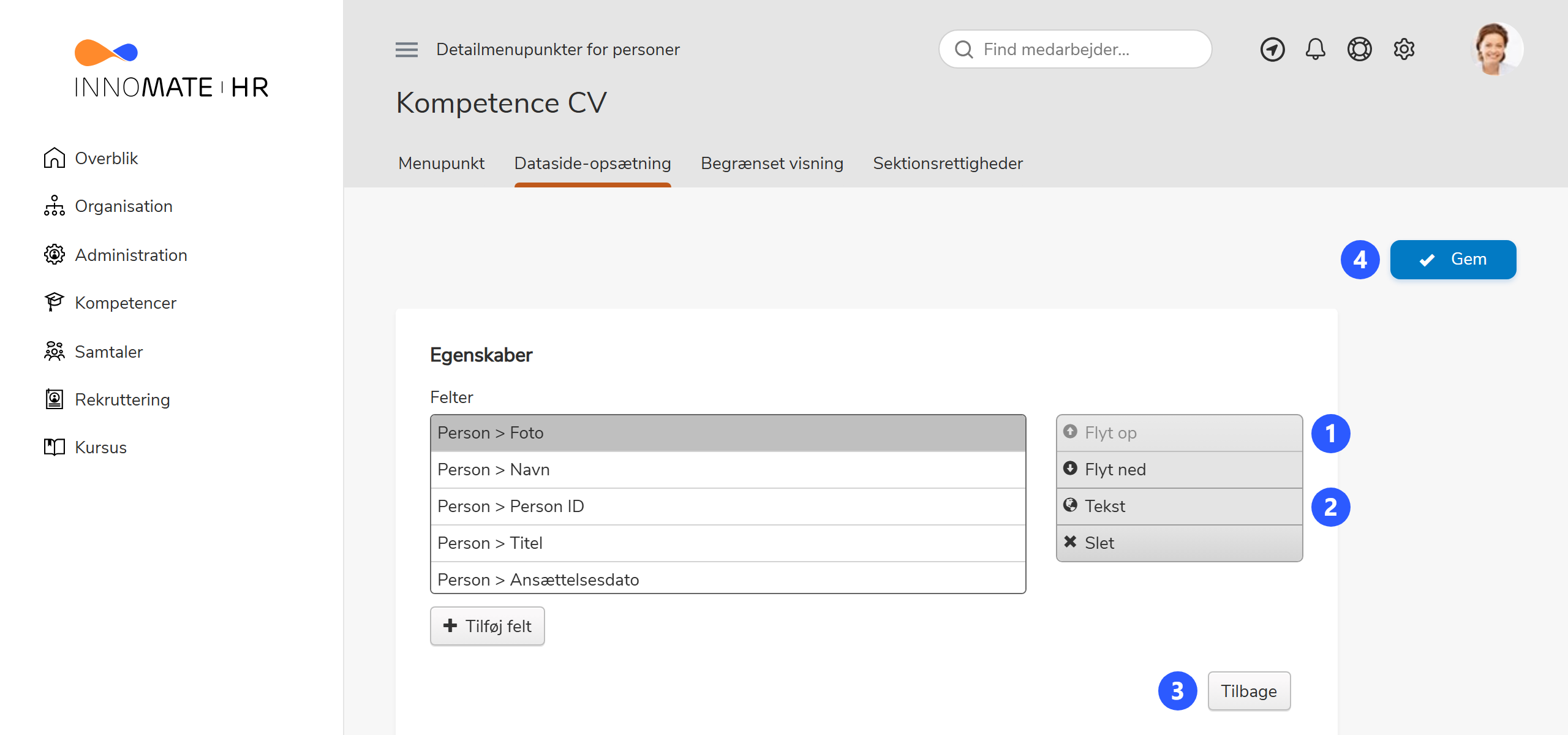 Egenskaber med felter listet og nummererede annotationer 1-4 for Flyt op, Tekst, Færdig og Gem