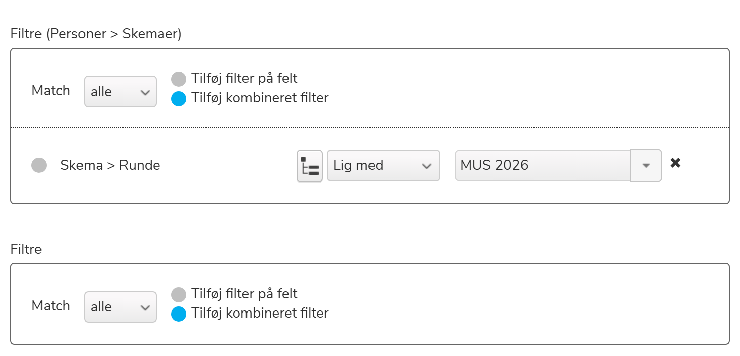 Tabelopsætning med begge filter-sektioner: 'Filtre (Personer > Skemaer)' øverst og hoved-filteret 'Filtre' nederst