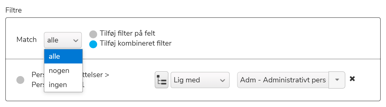 Match-dropdown med valgene alle, nogen og ingen