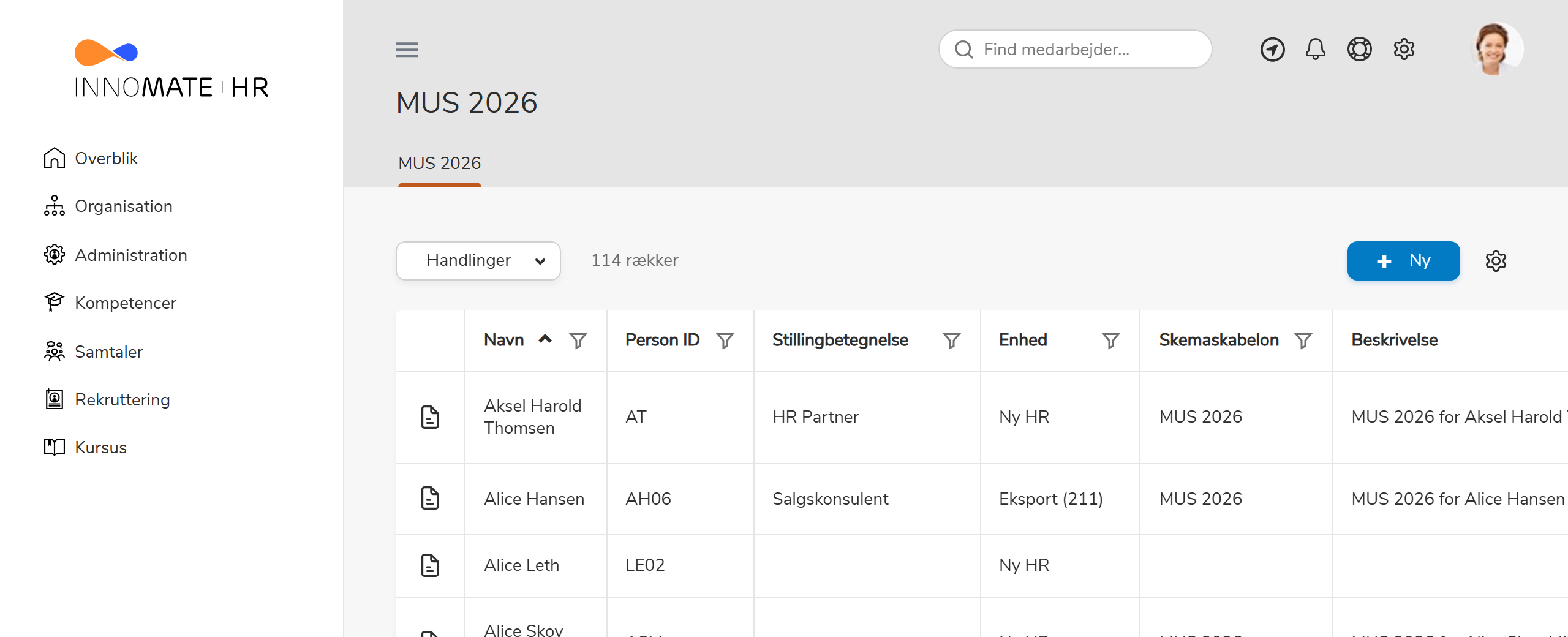 Tabelresultat med kolonnen Runde udfyldt med MUS 2026 for de medarbejdere, der har et skema i runden