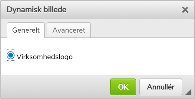 Dialogen Dynamisk billede med Virksomhedslogo valgt og OK-knap