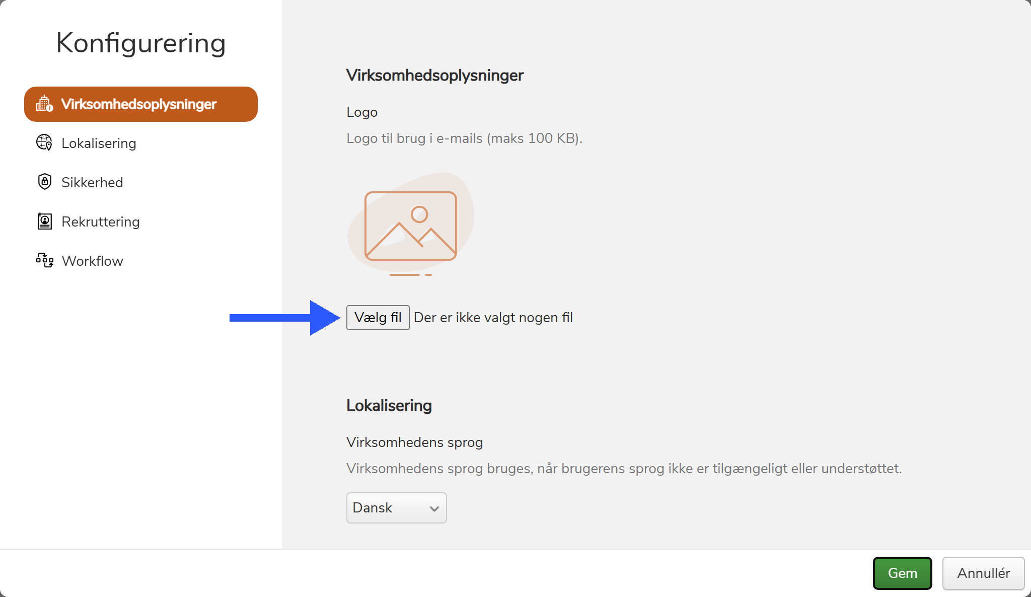 Konfigurering med afsnittet Virksomhedsoplysninger og logo-feltet med knappen Vælg fil