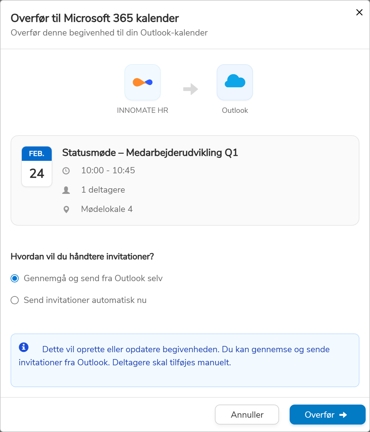 Overførselsdialog med valgmuligheder for hvordan mødeinvitationer skal håndteres